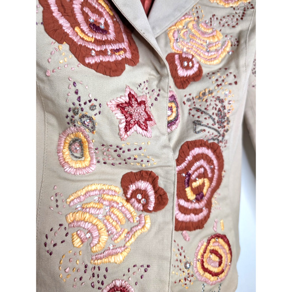 Liu Jo Y2K Boho Floral Embroidered Beaded Sequin Artsy Whimsical Khaki Jacket 10 - Picture 6 of 9
